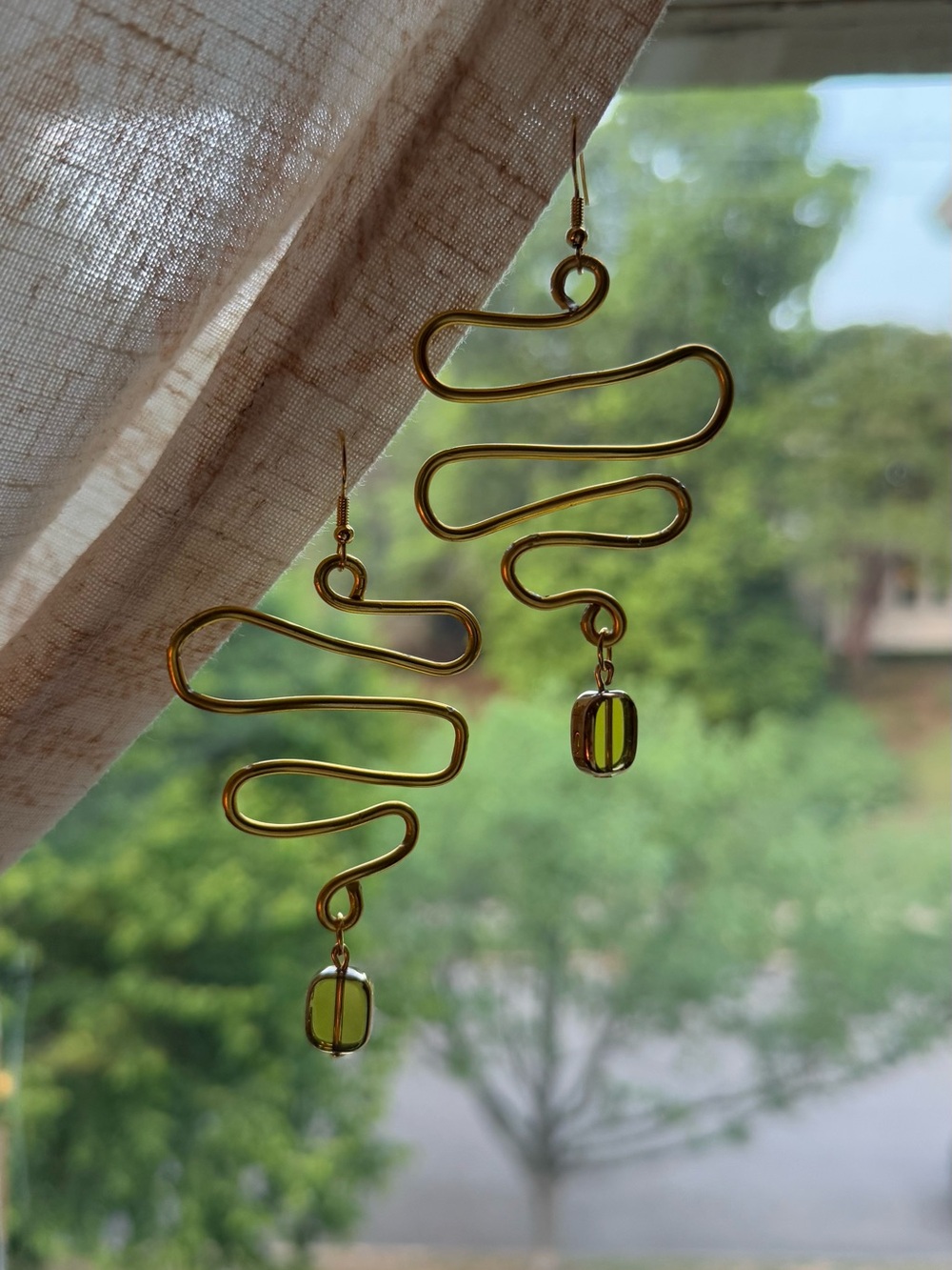 Gold Wire Swirl Earrings with Olive Green Glass Bead - Women Jewelry